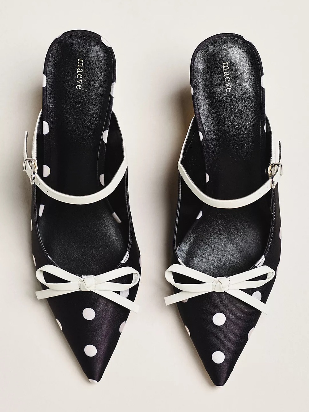 Maeve Black & White Polka Dot Pointed Bow Mules